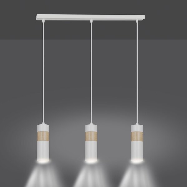 Lampadario 3 Luci Henge In Acciaio Bianco A Cilindro Con Legno Naturale