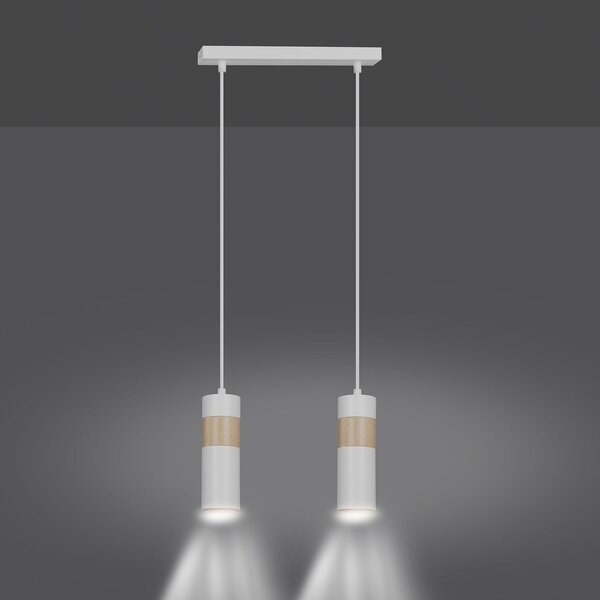 Lampadario 2 Luci Henge In Acciaio Bianco A Cilindro Con Legno Naturale