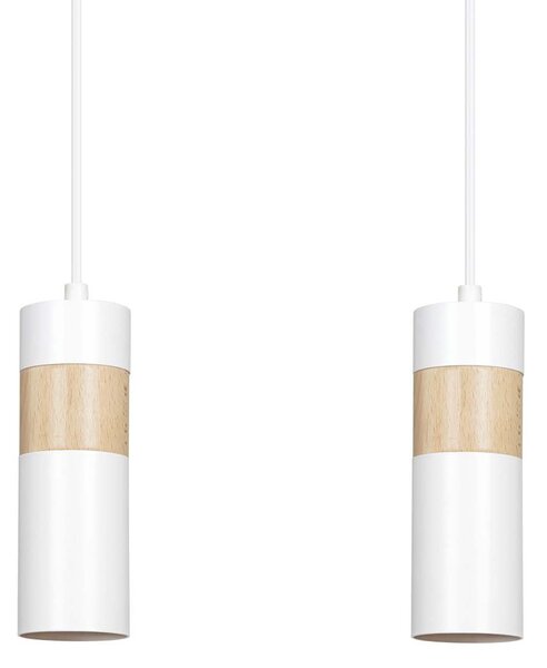 Lampadario 2 Luci Henge In Acciaio Bianco A Cilindro Con Legno Naturale