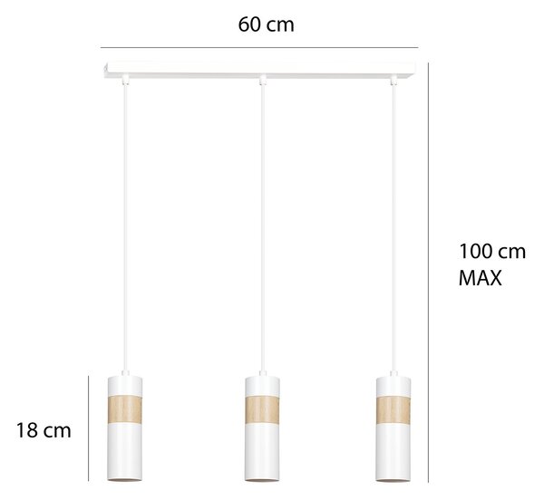 Lampadario 3 Luci Henge In Acciaio Bianco A Cilindro Con Legno Naturale
