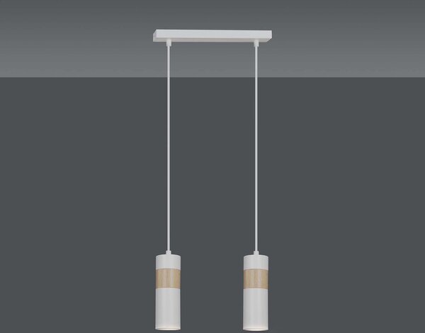 Lampadario 2 Luci Henge In Acciaio Bianco A Cilindro Con Legno Naturale