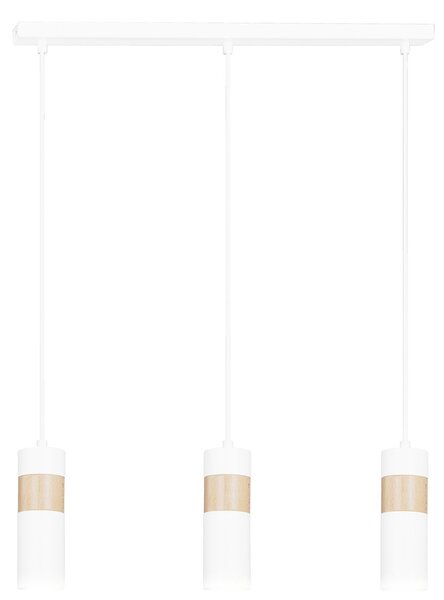 Lampadario 3 Luci Henge In Acciaio Bianco A Cilindro Con Legno Naturale