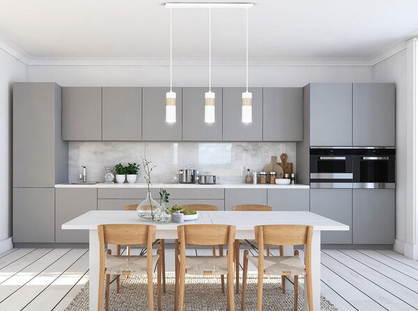 Lampadario 3 Luci Henge In Acciaio Bianco A Cilindro Con Legno Naturale