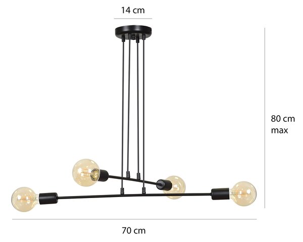 Lampadario Industrial 4 Luci Multiplo In Acciaio Nero A Bracci