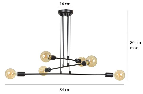 Lampadario Industrial 6 Luci Multiplo In Acciaio Nero A Bracci