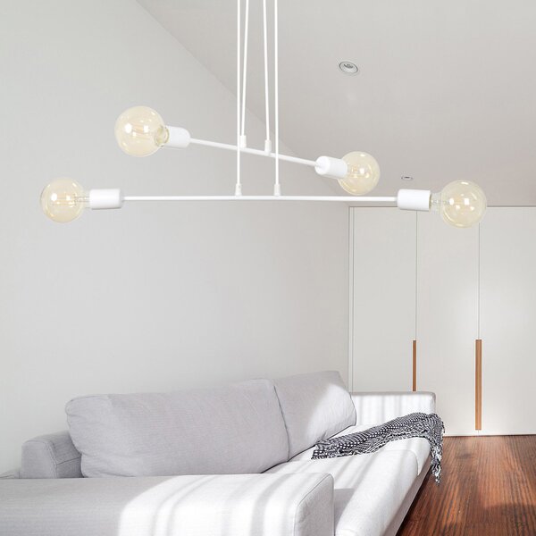 Lampadario Industrial 4 Luci Multiplo In Acciaio Bianco A Bracci