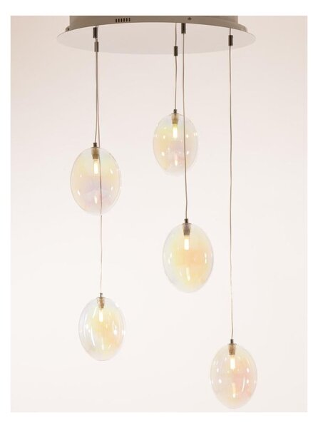 UVA SOSPENSIONE ROTONDA 5 LUCI D60 CM CON SFERE IN VETRO IRIDESCENTE E ROSONE IN 4 COLORI LAMPADINE G9