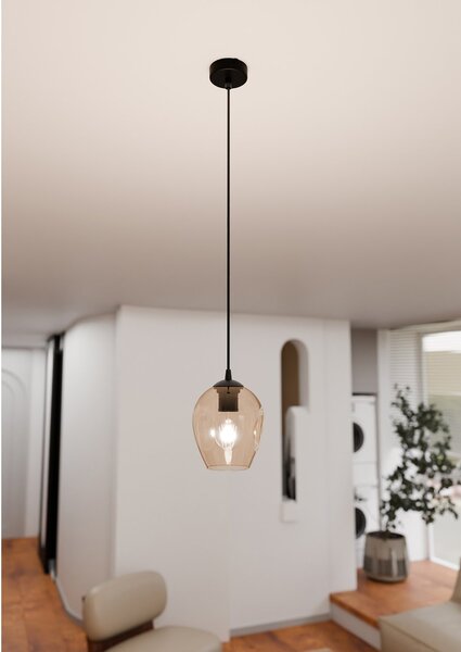 Sospensione 1 Luce Paoxi In Acciaio Nero E Vetro Ambra
