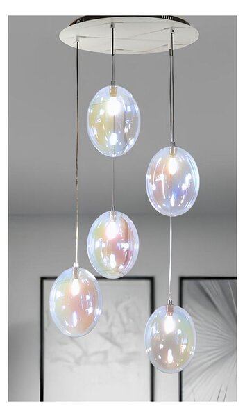 UVA SOSPENSIONE ROTONDA 5 LUCI D40 CM CON SFERE IN VETRO IRIDESCENTE E ROSONE IN 4 COLORI LAMPADINE G9