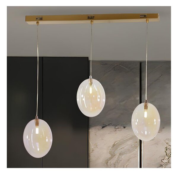 UVA SOSPENSIONE 3 LUCI LINEARE CON SFERE IN VETRO IRIDESCENTE METALLO 4 COLORI L72 CM LAMPADINE G9