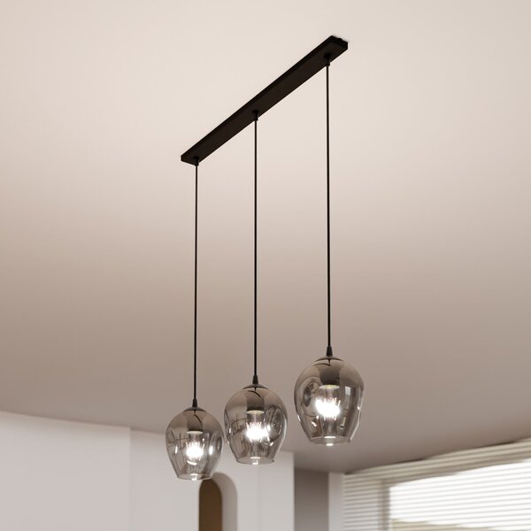 Lampadario 3 Luci Paoxi In Acciaio Nero E Vetri Fumè