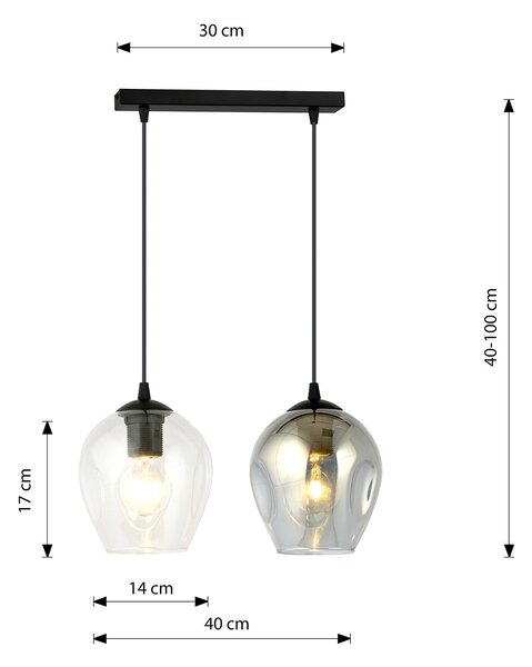 Lampadario 2 Luci Paoxi In Acciaio Nero E Vetri Fumè E Trasparente