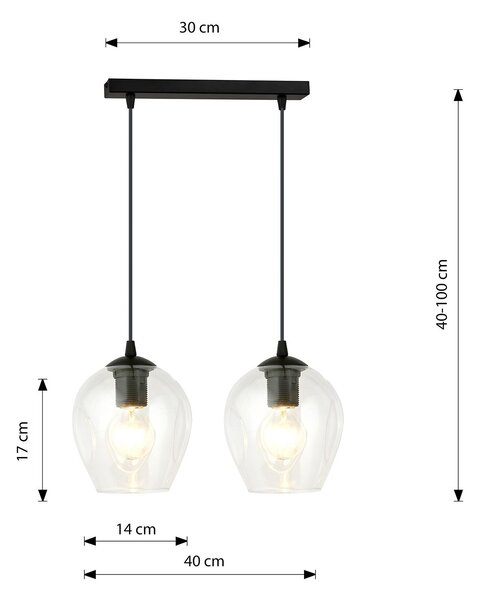 Lampadario 2 Luci Paoxi In Acciaio Nero E Vetro Trasparente