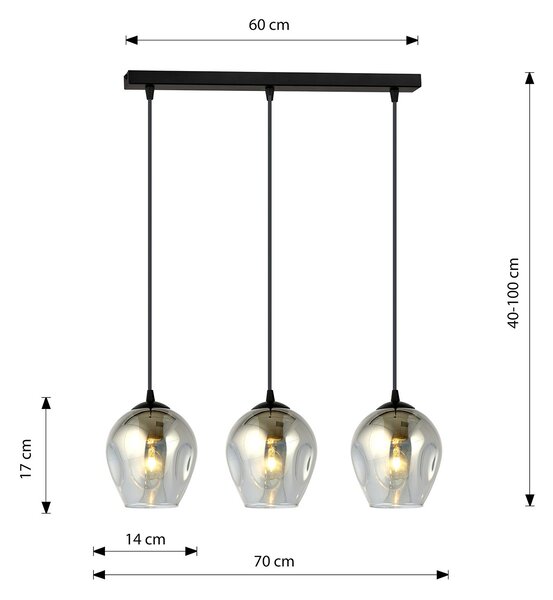 Lampadario 3 Luci Paoxi In Acciaio Nero E Vetri Fumè