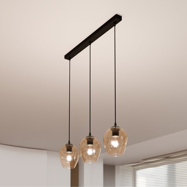 Lampadario 3 Luci Paoxi In Acciaio Nero E Vetri Ambra