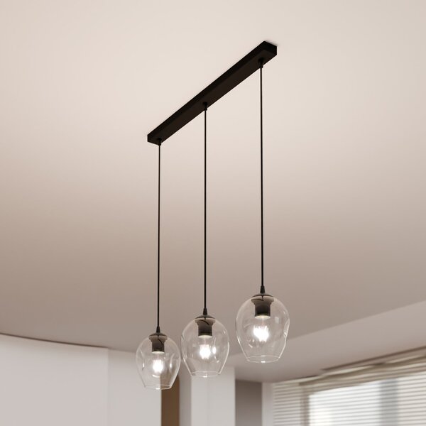 Lampadario 3 Luci Paoxi In Acciaio Nero E Vetri Trasparente