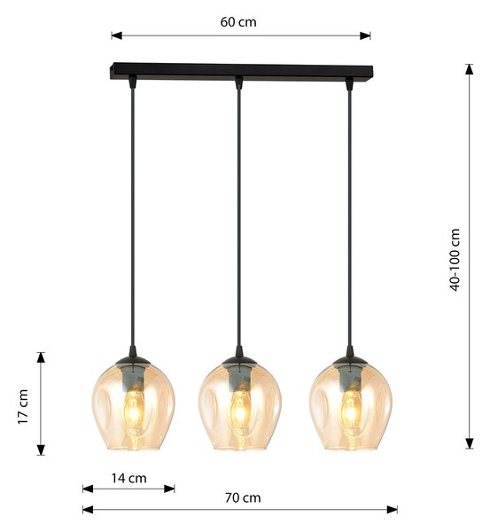 Lampadario 3 Luci Paoxi In Acciaio Nero E Vetri Ambra