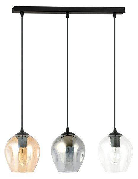 Lampadario 3 Luci Paoxi In Acciaio Nero E Vetri Ambra, Trasparente E Fumè
