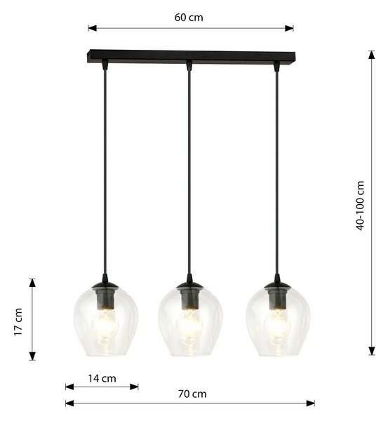 Lampadario 3 Luci Paoxi In Acciaio Nero E Vetri Trasparente