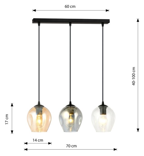 Lampadario 3 Luci Paoxi In Acciaio Nero E Vetri Ambra, Trasparente E Fumè