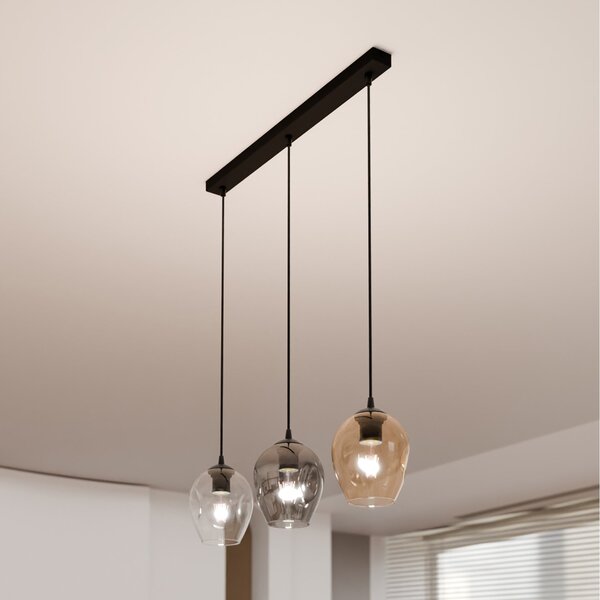 Lampadario 3 Luci Paoxi In Acciaio Nero E Vetri Ambra, Trasparente E Fumè