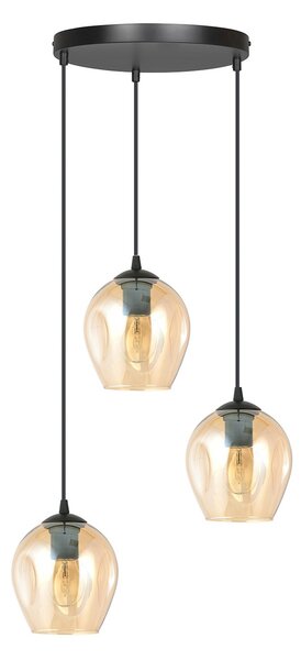 Lampadario 3 Luci Paoxi Base Tonda In Acciaio Nero E Vetri Ambra