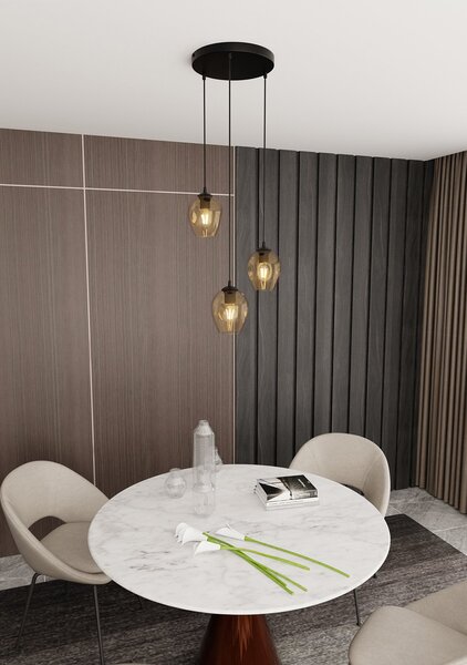 Lampadario 3 Luci Paoxi Base Tonda In Acciaio Nero E Vetri Ambra