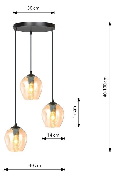 Lampadario 3 Luci Paoxi Base Tonda In Acciaio Nero E Vetri Ambra
