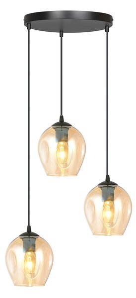 Lampadario 3 Luci Paoxi Base Tonda In Acciaio Nero E Vetri Ambra