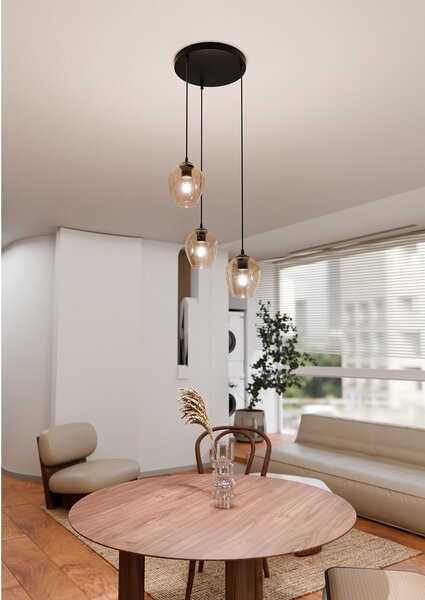 Lampadario 3 Luci Paoxi Base Tonda In Acciaio Nero E Vetri Ambra