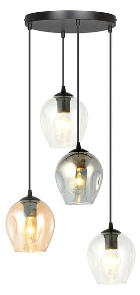 Lampadario 4 Luci Paoxi Base Tonda Acciaio Nero E Vetri Ambra Trasparente E Fumè