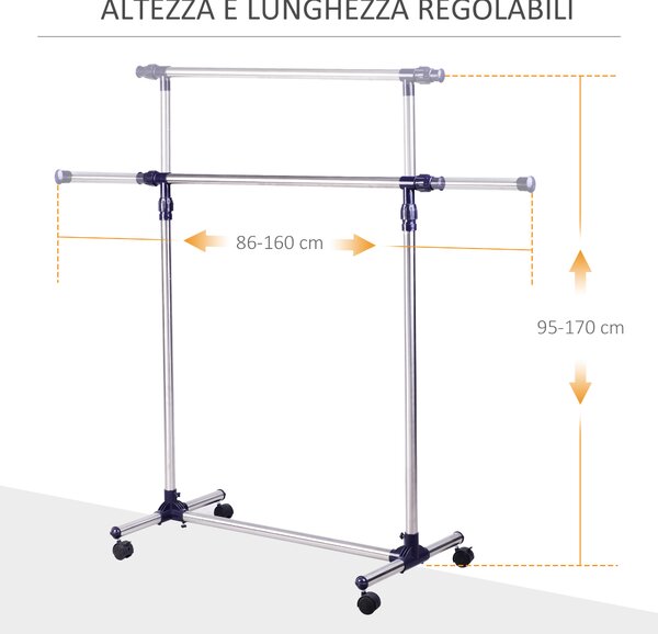 HomCom Stender Appendiabiti Larghezza e altezza regolabili con Ruote in Acciaio Inox 160 x 170cm|Aosom