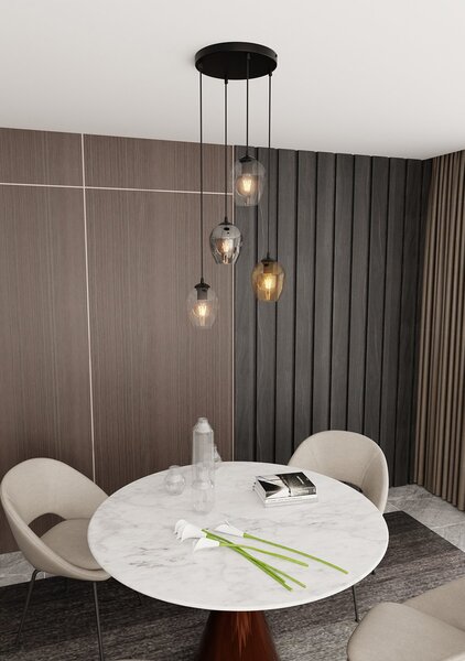 Lampadario 4 Luci Paoxi Base Tonda Acciaio Nero E Vetri Ambra Trasparente E Fumè