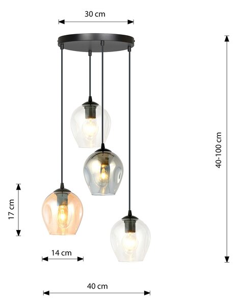 Lampadario 4 Luci Paoxi Base Tonda Acciaio Nero E Vetri Ambra Trasparente E Fumè