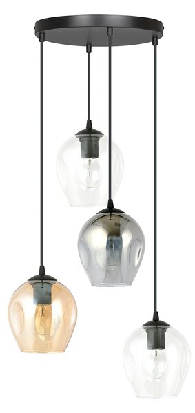 Lampadario 4 Luci Paoxi Base Tonda Acciaio Nero E Vetri Ambra Trasparente E Fumè