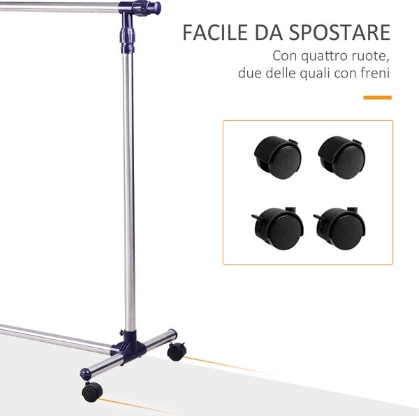 HomCom Stender Appendiabiti Larghezza e altezza regolabili con Ruote in Acciaio Inox 160 x 170cm|Aosom