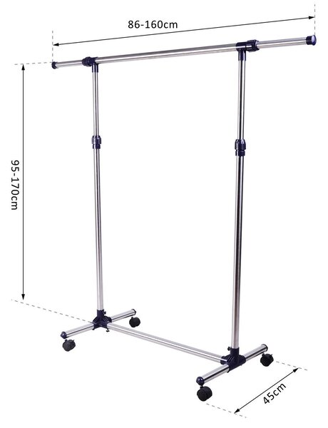 HomCom Stender Appendiabiti Larghezza e altezza regolabili con Ruote in Acciaio Inox 160 x 170cm|Aosom