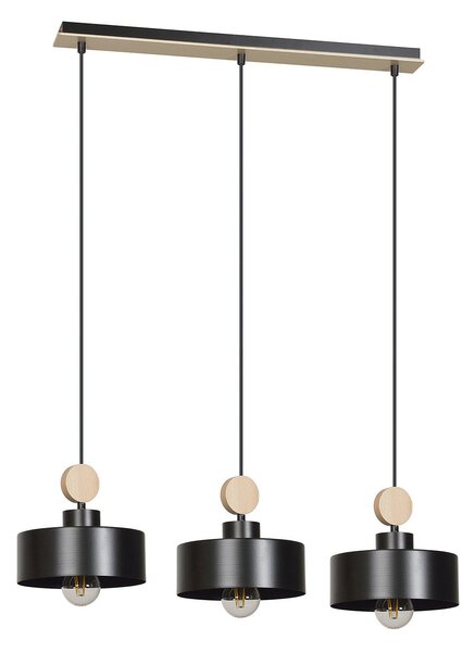 Lampadario 3 Luci Nered In Acciaio Nero E Paralumi Con Legno Naturale