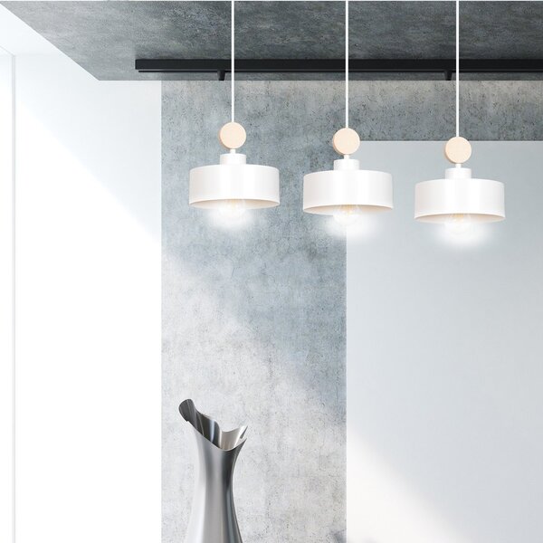 Lampadario 3 Luci Nered In Acciaio Bianco E Paralumi Con Legno Naturale