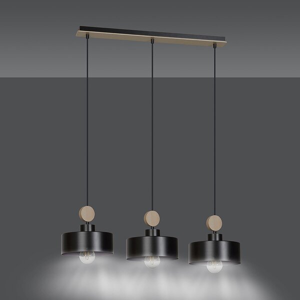 Lampadario 3 Luci Nered In Acciaio Nero E Paralumi Con Legno Naturale