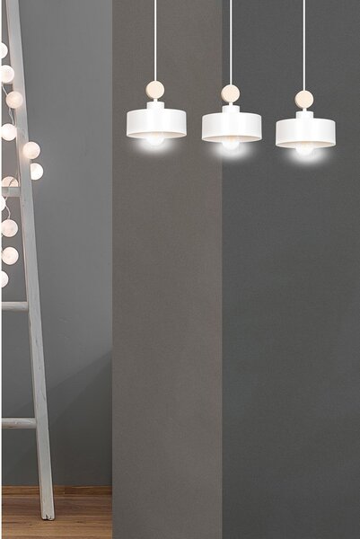 Lampadario 3 Luci Nered In Acciaio Bianco E Paralumi Con Legno Naturale