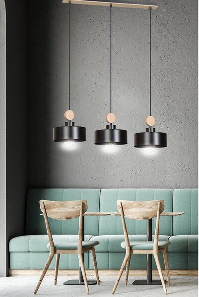 Lampadario 3 Luci Nered In Acciaio Nero E Paralumi Con Legno Naturale