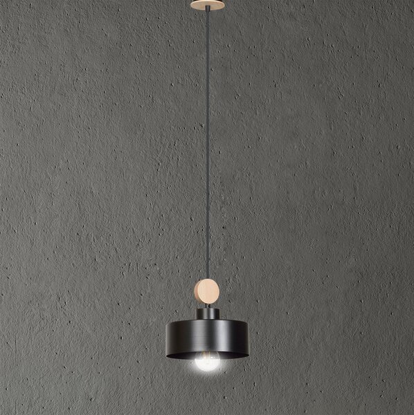 Sospensione 1 Luce Nered In Acciaio Nero E Legno Naturale