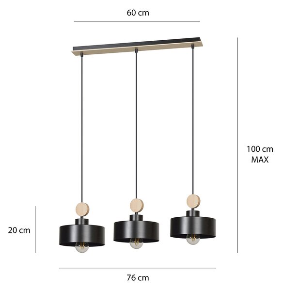 Lampadario 3 Luci Nered In Acciaio Nero E Paralumi Con Legno Naturale