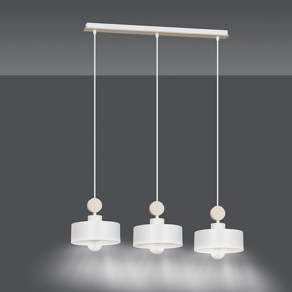 Lampadario 3 Luci Nered In Acciaio Bianco E Paralumi Con Legno Naturale