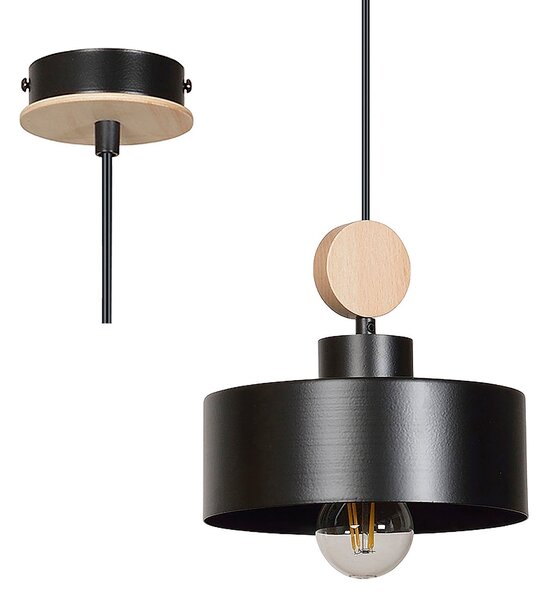 Sospensione 1 Luce Nered In Acciaio Nero E Legno Naturale