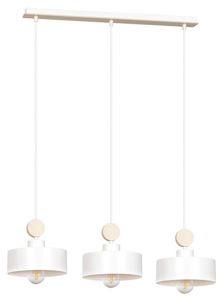 Lampadario 3 Luci Nered In Acciaio Bianco E Paralumi Con Legno Naturale