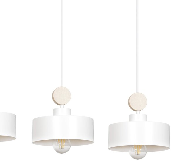 Lampadario 3 Luci Nered In Acciaio Bianco E Paralumi Con Legno Naturale