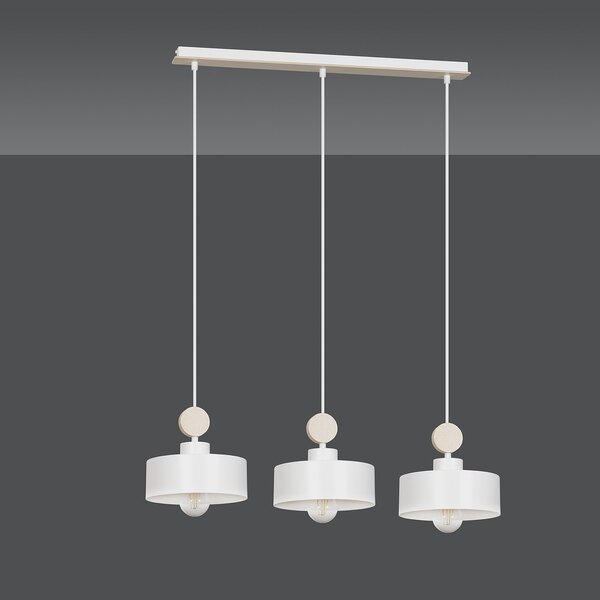 Lampadario 3 Luci Nered In Acciaio Bianco E Paralumi Con Legno Naturale