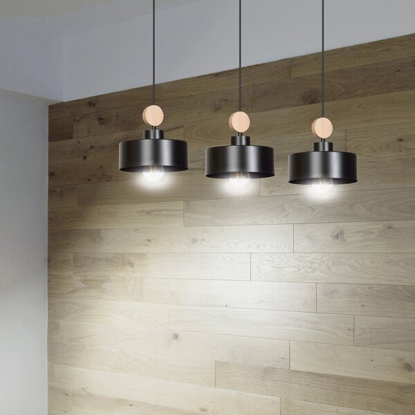 Lampadario 3 Luci Nered In Acciaio Nero E Paralumi Con Legno Naturale